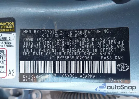 2005 Toyota Avalon Limited z USA, uszkodzony, nr VIN 4T1BK36B85U029061